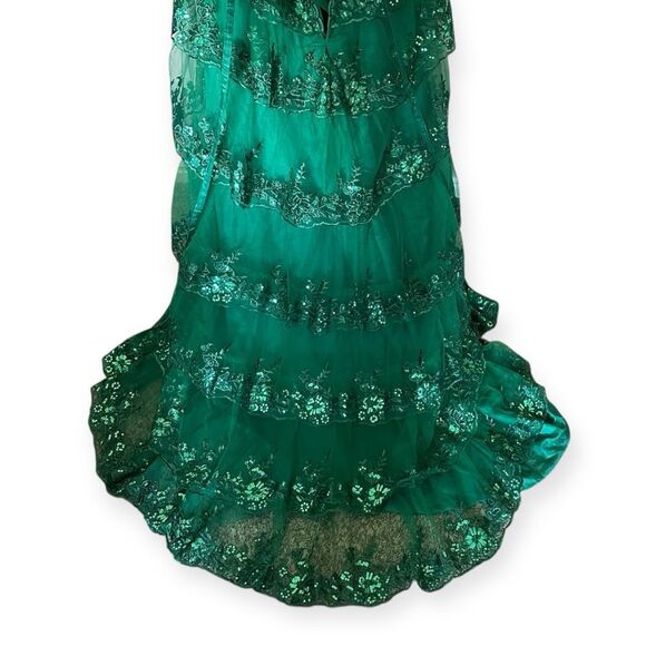 Emerald Green Corset Elegant Tulle Tiered Sequins Sparkly A Slit Prom Gown - Picture 8 of 13